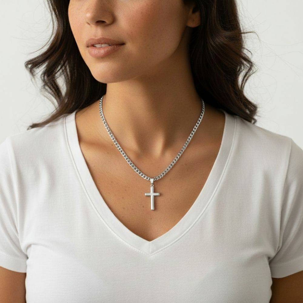 Stainless Steel Engraved Cross Necklace in Cuban Link-6 product photo