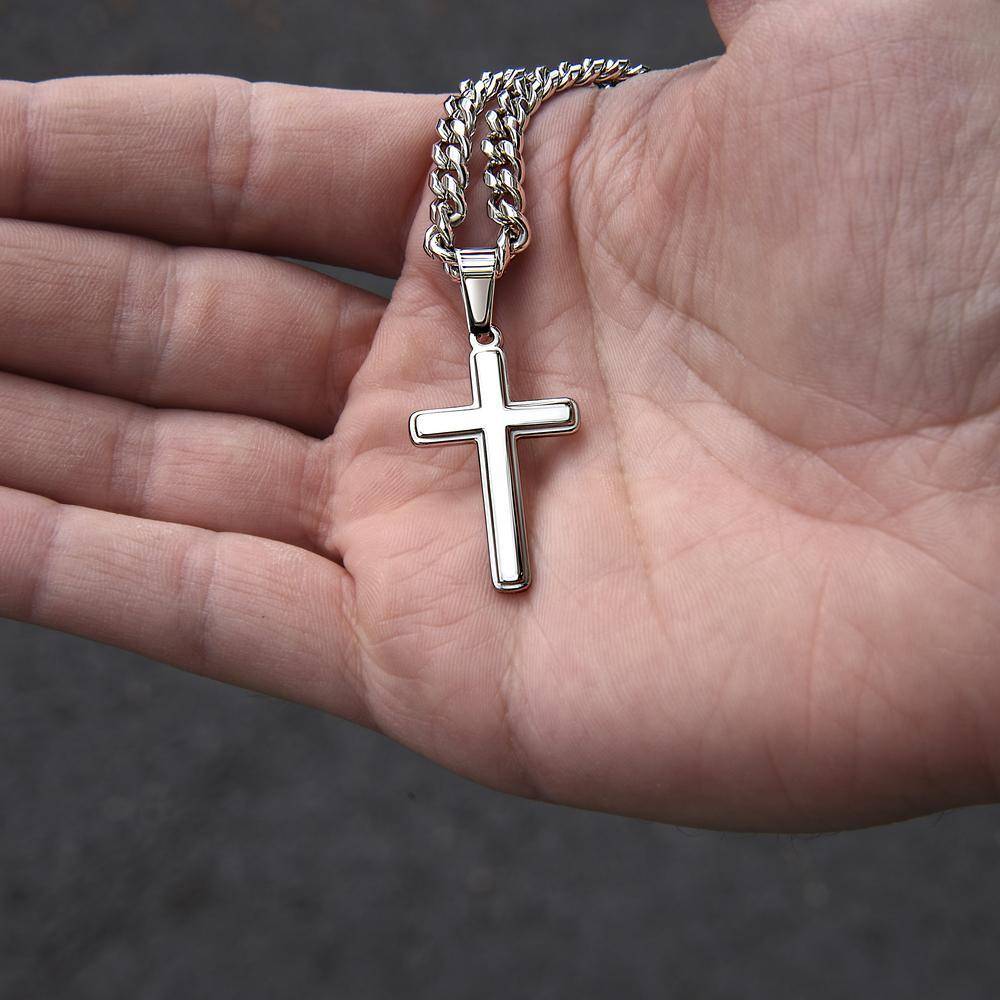 Stainless Steel Engraved Cross Necklace in Cuban Link-3 product photo