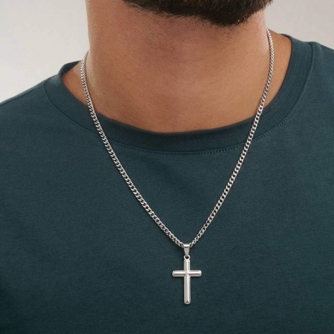 Stainless Steel Engraved Cross Necklace in Cuban Link-2 product photo