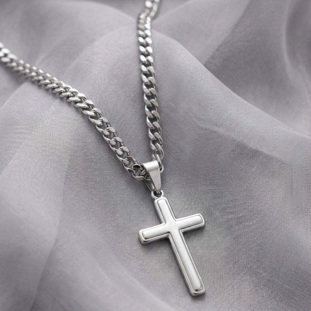 Stainless Steel Engraved Cross Necklace in Cuban Link-3 product photo
