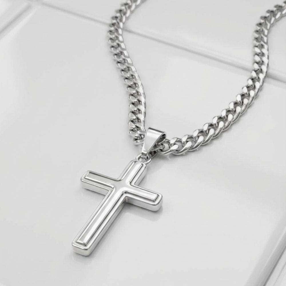 Stainless Steel Engraved Cross Necklace in Cuban Link-1 product photo