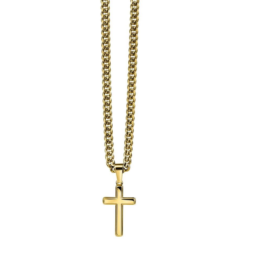 Stainless Steel Engraved Cross Necklace in Cuban Link in Gold Plating-4 product photo
