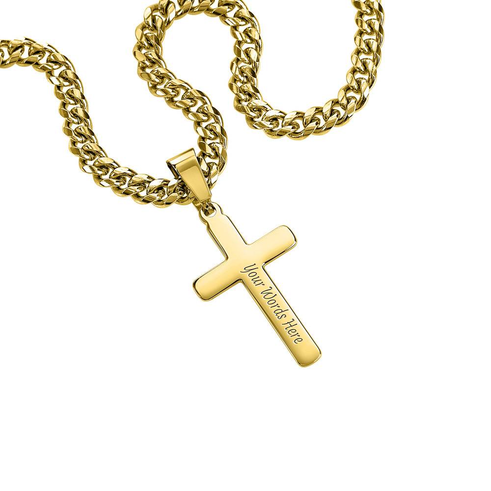 Stainless Steel Engraved Cross Necklace in Cuban Link in Gold Plating-2 product photo