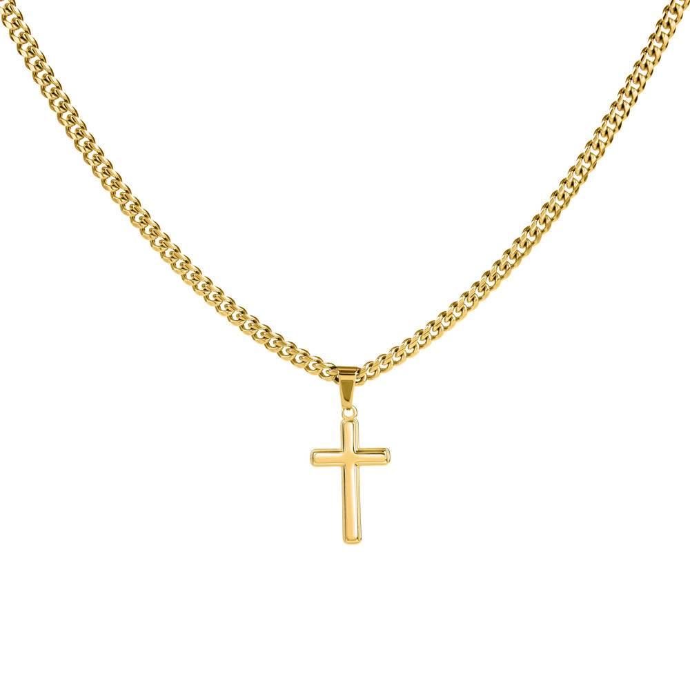 Stainless Steel Engraved Cross Necklace in Cuban Link in Gold Plating-1 product photo
