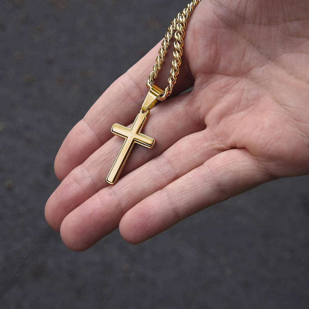 Stainless Steel Engraved Cross Necklace in Cuban Link in Gold Plating-3 product photo