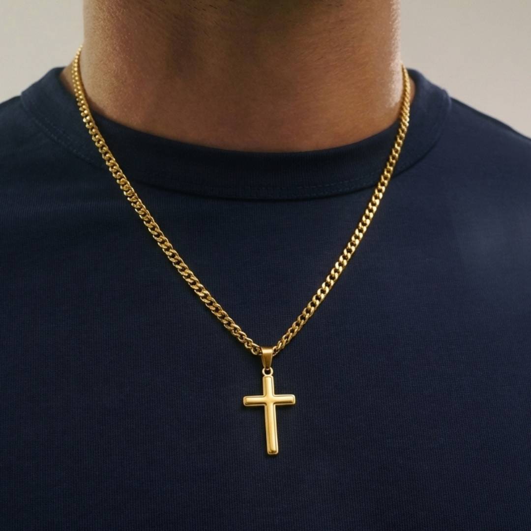 Stainless Steel Engraved Cross Necklace in Cuban Link in Gold Plating-6 product photo