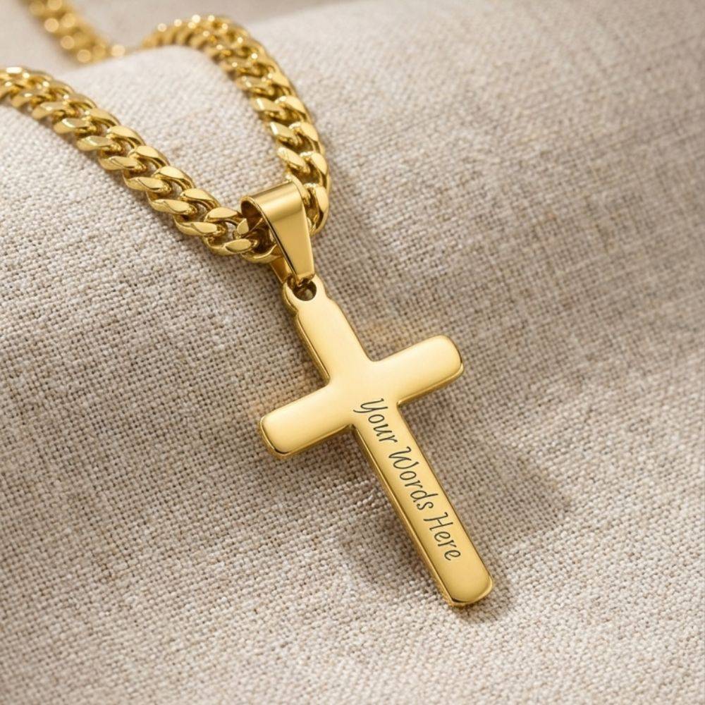 Stainless Steel Engraved Cross Necklace in Cuban Link in Gold Plating-4 product photo