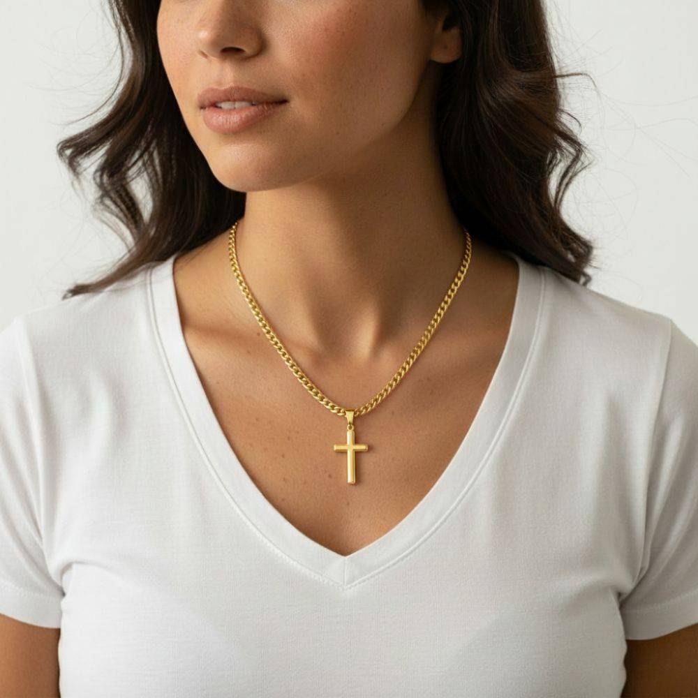 Stainless Steel Engraved Cross Necklace in Cuban Link in Gold Plating-1 product photo