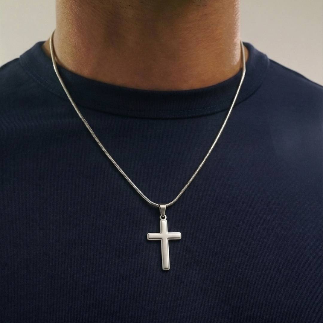 Stainless Steel Engraved Cross Necklace with Snake Chain-3 product photo