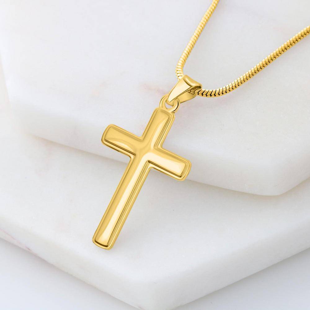 Stainless Steel Engraved Cross Necklace with Snake Chain in Gold Plating-1 product photo