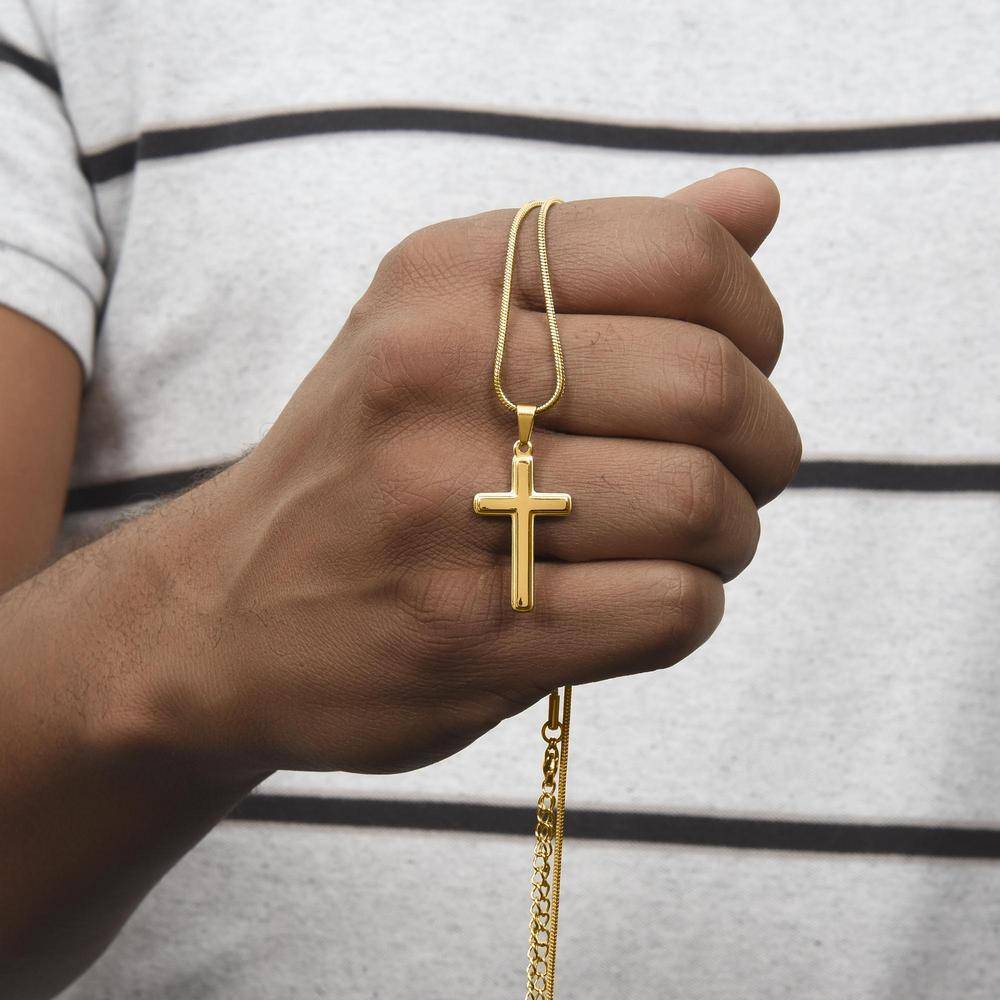 Stainless Steel Engraved Cross Necklace with Snake Chain in Gold Plating-4 product photo