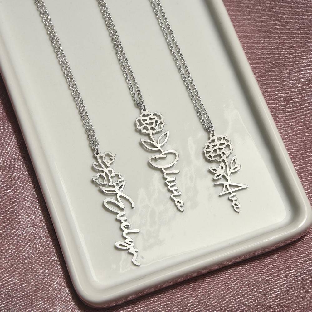 Stainless Steel Custom Flower Name Necklace with Cable Chain-3 product photo