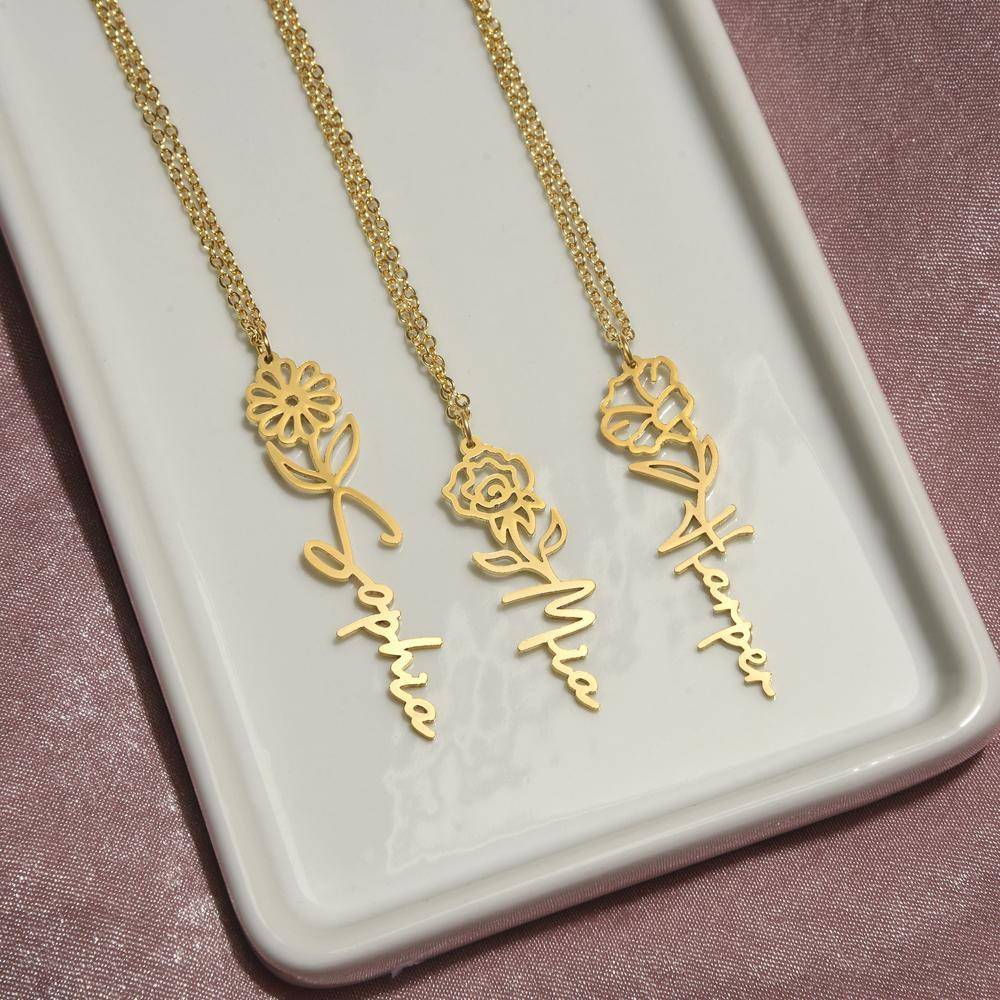 Stainless Steel Custom Flower Name Necklace with Cable Chain in Gold Plating-5 product photo