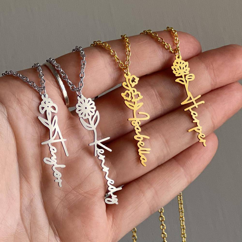 Stainless Steel Custom Flower Name Necklace with Cable Chain in Gold Plating-1 product photo